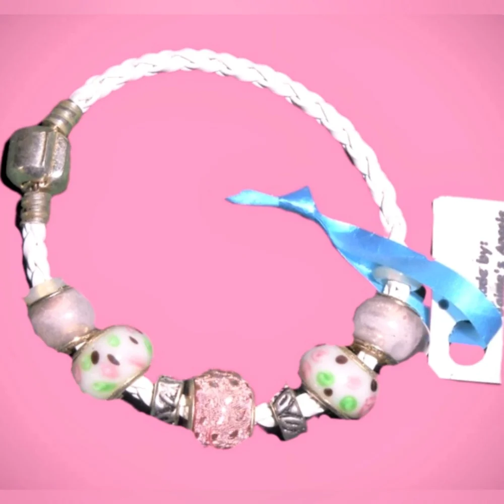 Pink, White & Mint Green Glass Big-hole Beads Braided Leatherette Bracelet - Picture 8 of 13